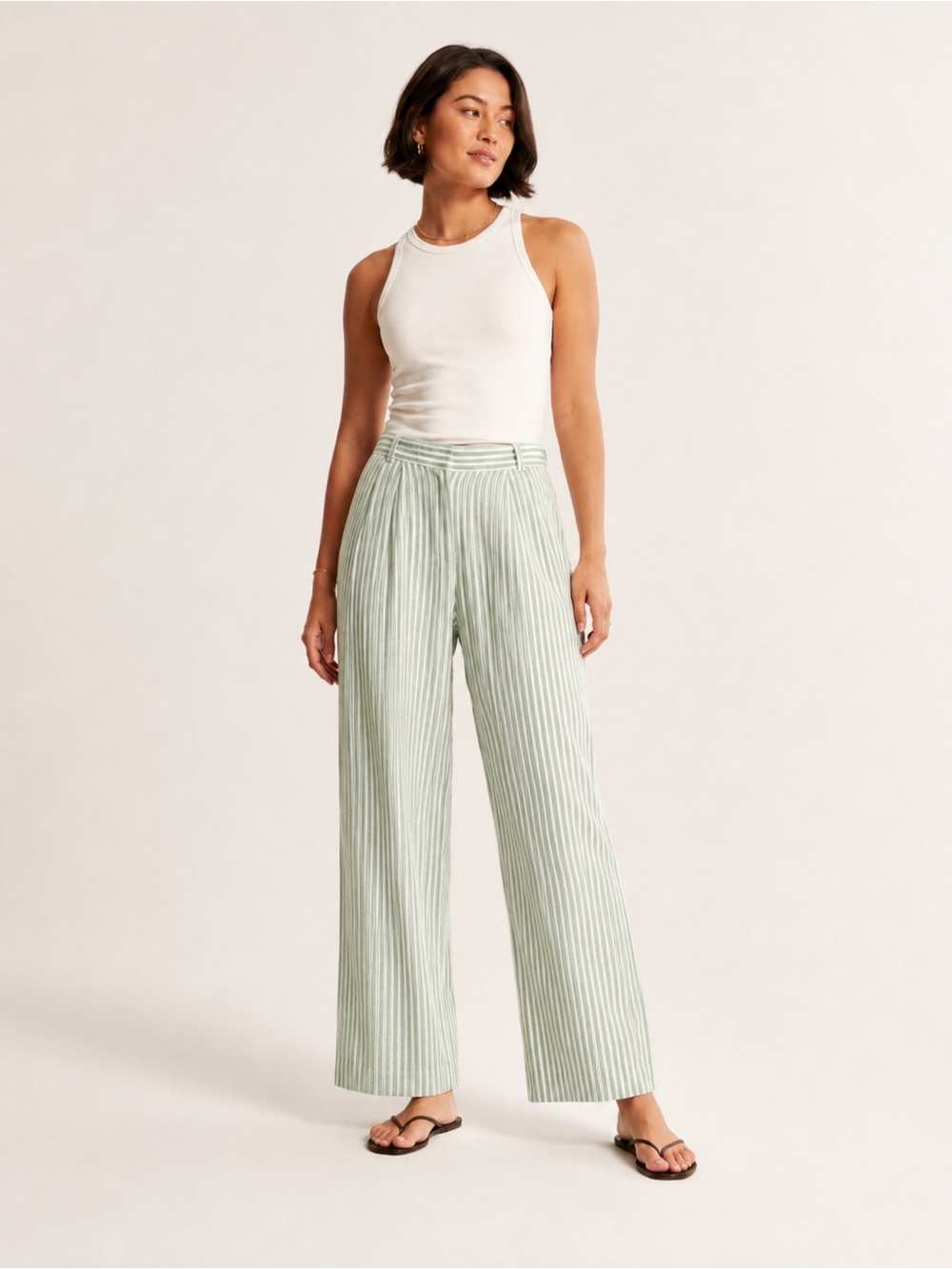 Abercrombie Curve Love Sloane Linen Blend Wide Leg Pants Green Stripe 26